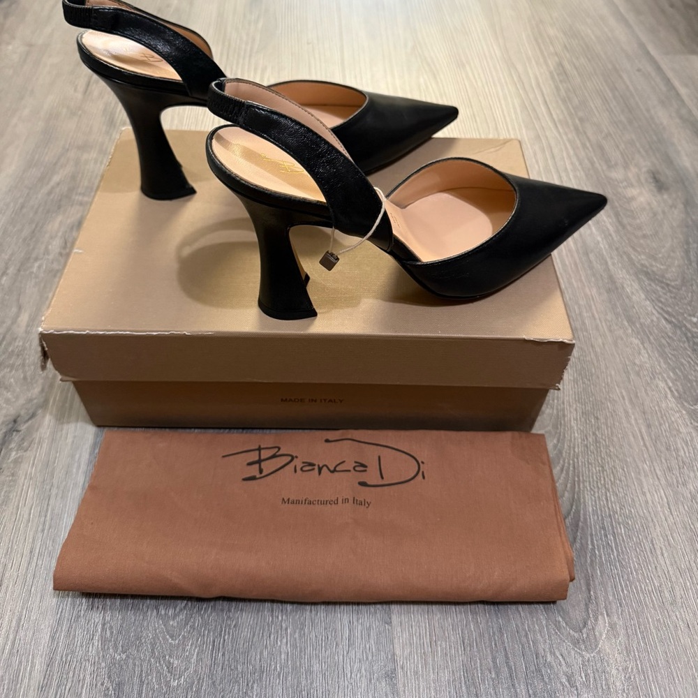 Black Leather Bianca Di Slingback High Heel Pumps Size 39 MADE IN ITALY BNIB - Picture 4 of 7